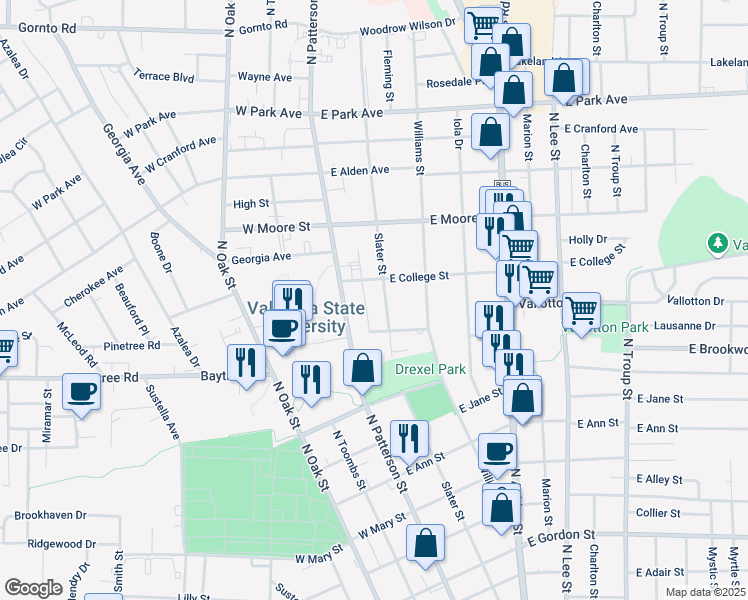 map of restaurants, bars, coffee shops, grocery stores, and more near 1502 Slater Street in Valdosta