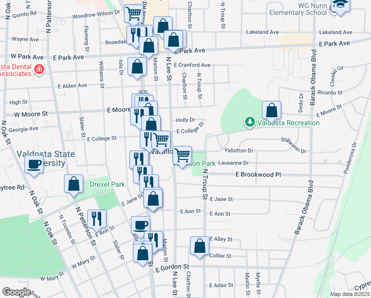 map of restaurants, bars, coffee shops, grocery stores, and more near Azalea City Trail in Valdosta