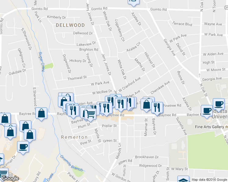 map of restaurants, bars, coffee shops, grocery stores, and more near 2004 Jerry Jones Drive in Valdosta