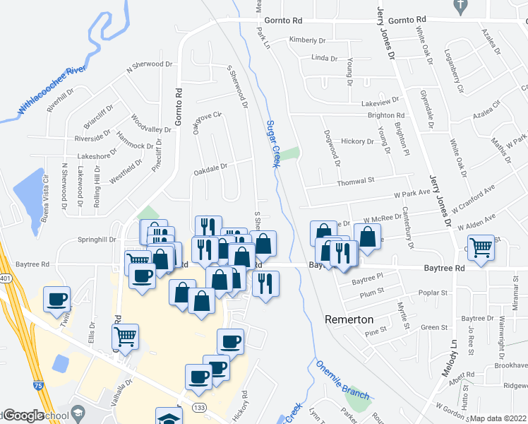 map of restaurants, bars, coffee shops, grocery stores, and more near 4 Wooddale Drive in Valdosta