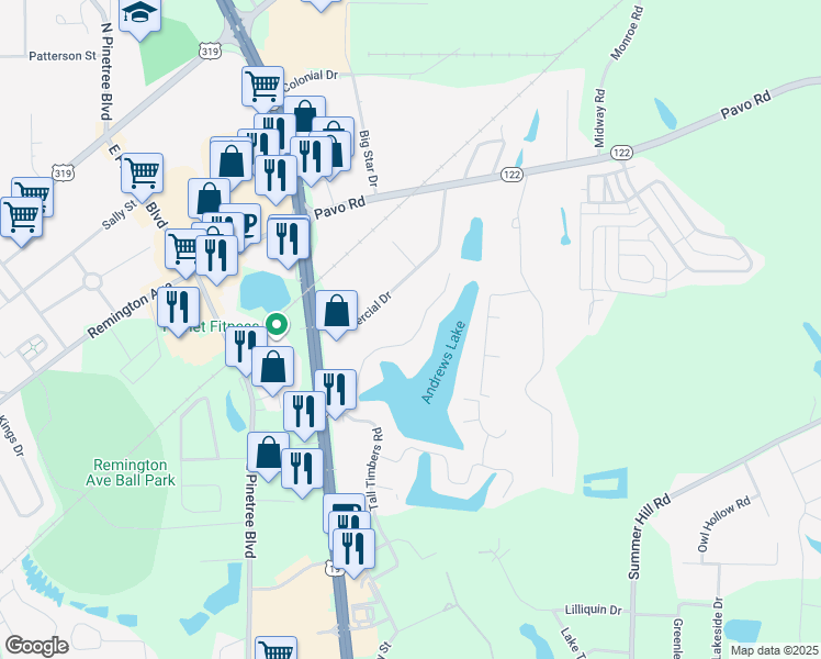map of restaurants, bars, coffee shops, grocery stores, and more near 276 Timber Ridge Drive in Thomasville
