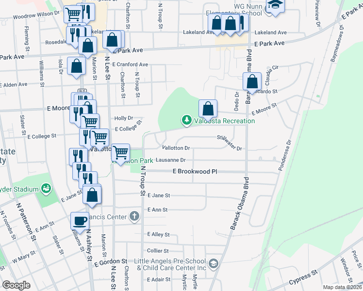 map of restaurants, bars, coffee shops, grocery stores, and more near 722 Stillwater Drive in Valdosta