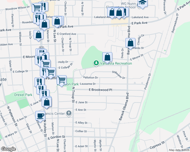 map of restaurants, bars, coffee shops, grocery stores, and more near 734 Stillwater Drive in Valdosta
