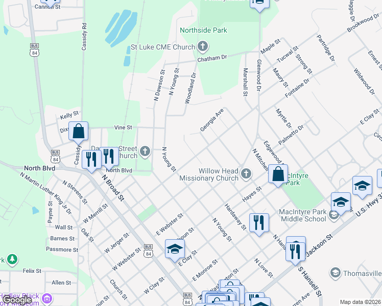 map of restaurants, bars, coffee shops, grocery stores, and more near 209 Sunnyland Extension in Thomasville