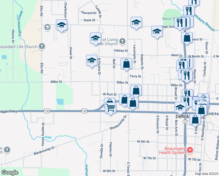 map of restaurants, bars, coffee shops, grocery stores, and more near 312 Smith Street in DeRidder