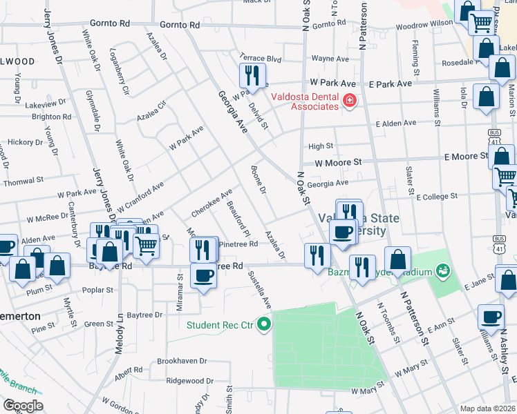 map of restaurants, bars, coffee shops, grocery stores, and more near 1612 Boone Drive in Valdosta