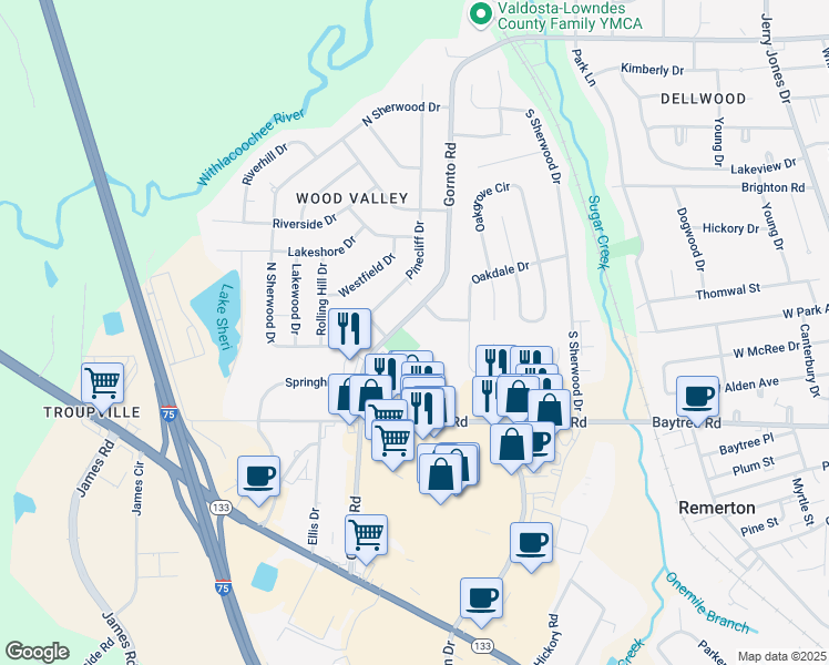 map of restaurants, bars, coffee shops, grocery stores, and more near 1921 Gornto Road in Valdosta