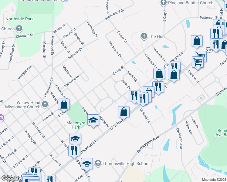 map of restaurants, bars, coffee shops, grocery stores, and more near 113 Belmont Drive in Thomasville