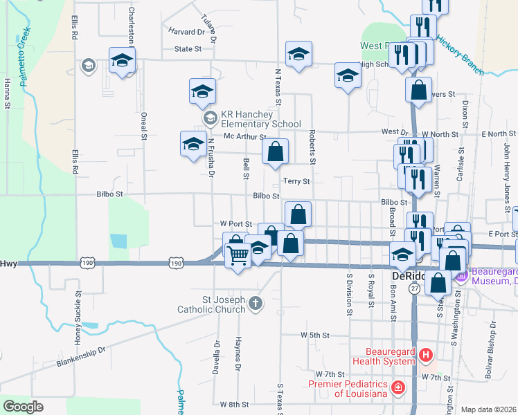 map of restaurants, bars, coffee shops, grocery stores, and more near 309 Pecan Street in DeRidder
