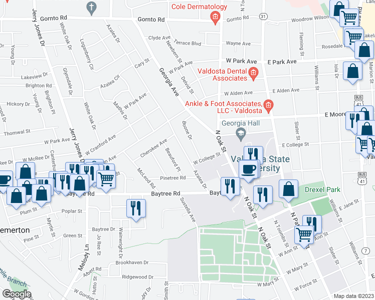 map of restaurants, bars, coffee shops, grocery stores, and more near 1709 Azalea Drive in Valdosta