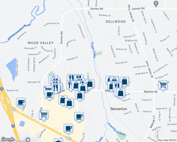 map of restaurants, bars, coffee shops, grocery stores, and more near 2 Westbrook Circle in Valdosta