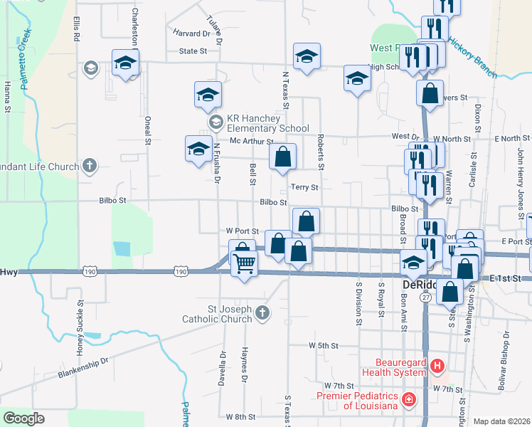 map of restaurants, bars, coffee shops, grocery stores, and more near 315 Pecan Street in DeRidder
