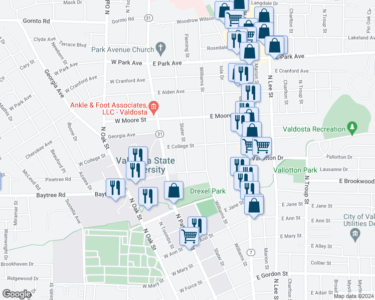map of restaurants, bars, coffee shops, grocery stores, and more near 108 East College Street in Valdosta