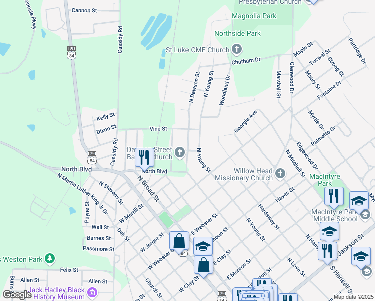 map of restaurants, bars, coffee shops, grocery stores, and more near 108 Walnut Street in Thomasville