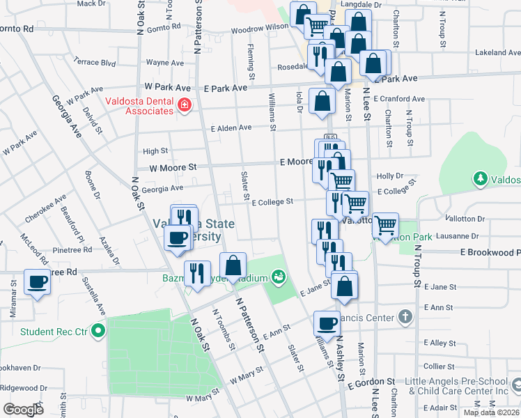 map of restaurants, bars, coffee shops, grocery stores, and more near 212 East College Street in Valdosta