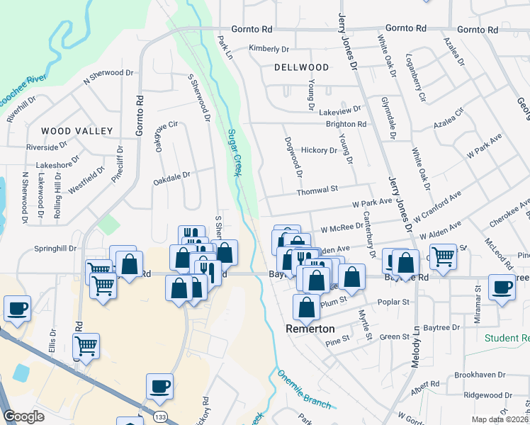 map of restaurants, bars, coffee shops, grocery stores, and more near 2102 Park Lane in Valdosta