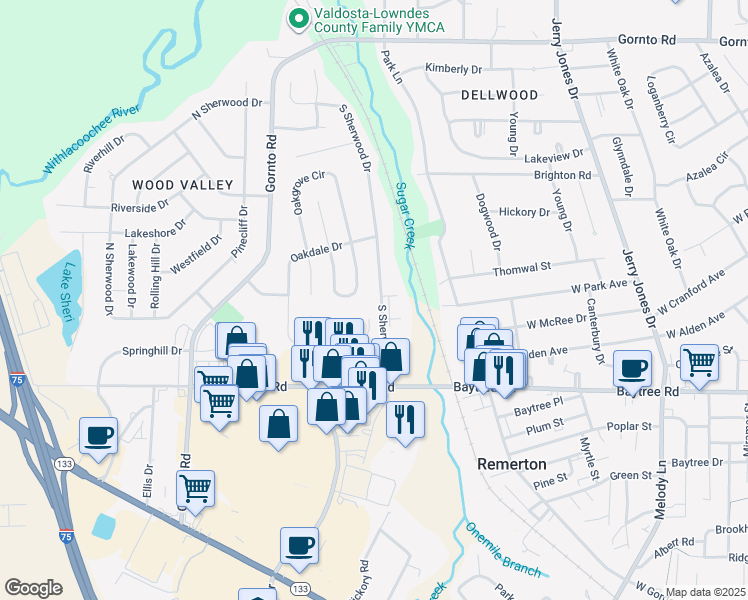 map of restaurants, bars, coffee shops, grocery stores, and more near 2096 South Sherwood Drive in Valdosta