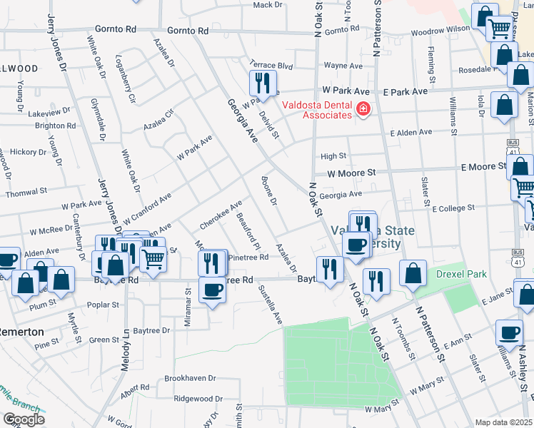 map of restaurants, bars, coffee shops, grocery stores, and more near 1711 Azalea Drive in Valdosta