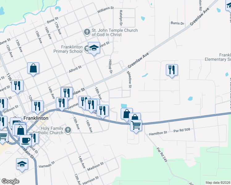 map of restaurants, bars, coffee shops, grocery stores, and more near 1928 Desmare Street in Franklinton