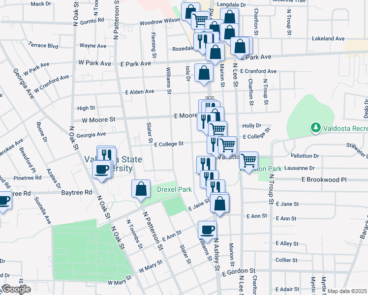 map of restaurants, bars, coffee shops, grocery stores, and more near 307 East College Street in Valdosta