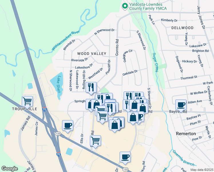 map of restaurants, bars, coffee shops, grocery stores, and more near 1821 Woodcrest Drive in Valdosta