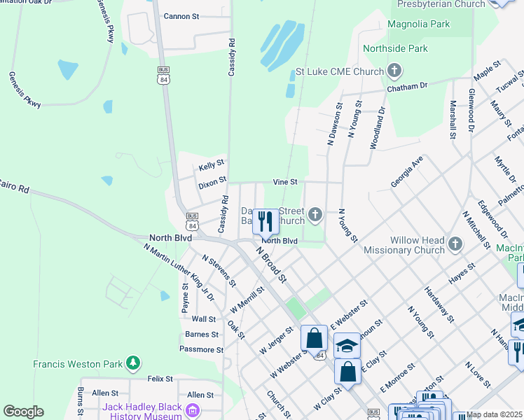 map of restaurants, bars, coffee shops, grocery stores, and more near 99 Walnut Street in Thomasville