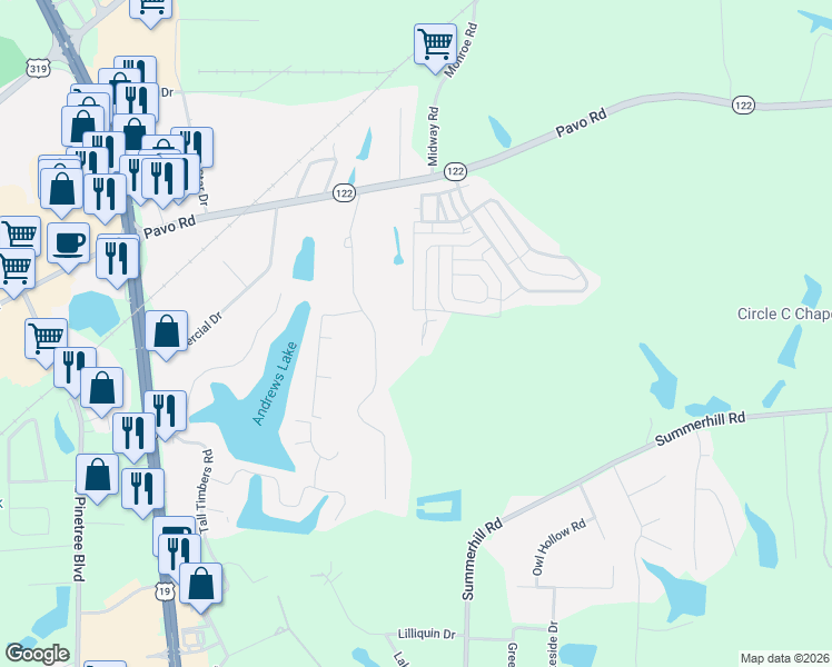 map of restaurants, bars, coffee shops, grocery stores, and more near 111 Pepperdine Court in Thomasville