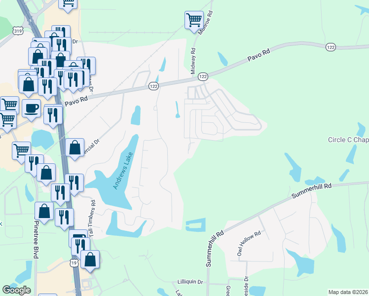 map of restaurants, bars, coffee shops, grocery stores, and more near 116 Pepperdine Court in Thomasville