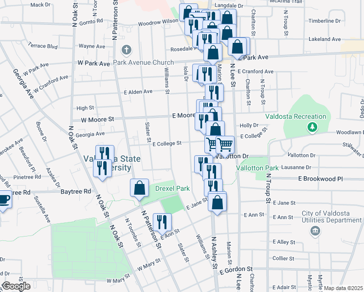 map of restaurants, bars, coffee shops, grocery stores, and more near 307 East College Street in Valdosta