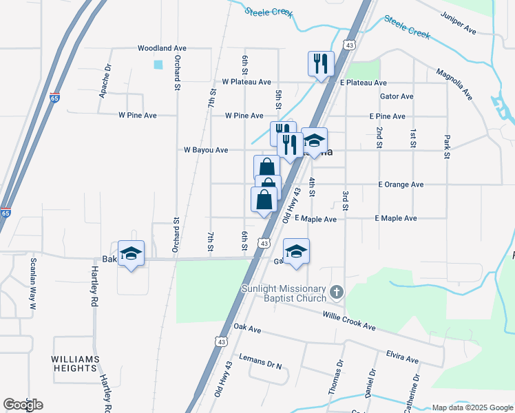 map of restaurants, bars, coffee shops, grocery stores, and more near 5510 Darring Avenue in Satsuma