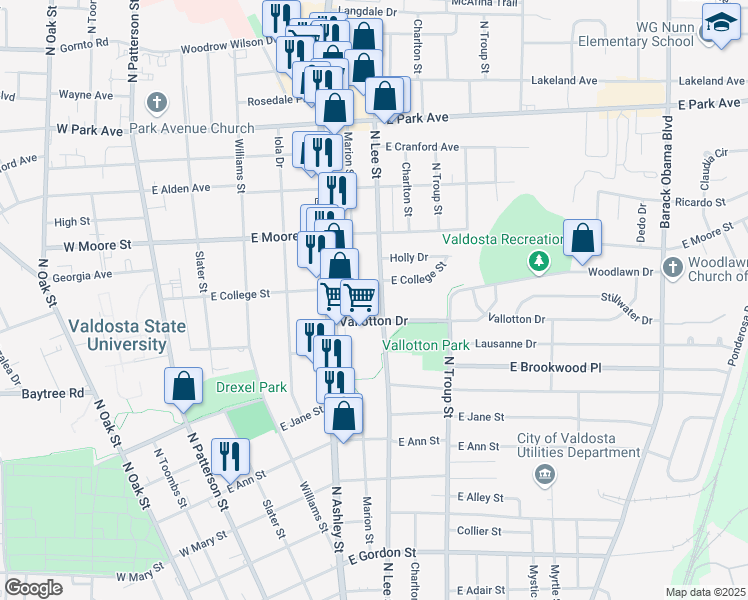 map of restaurants, bars, coffee shops, grocery stores, and more near 1518 North Lee Street in Valdosta