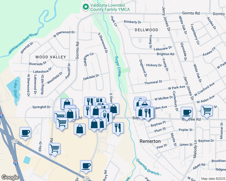 map of restaurants, bars, coffee shops, grocery stores, and more near 2 Westbrook Circle in Valdosta