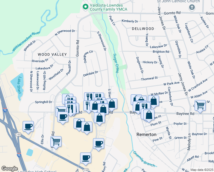 map of restaurants, bars, coffee shops, grocery stores, and more near 2098 South Sherwood Drive in Valdosta