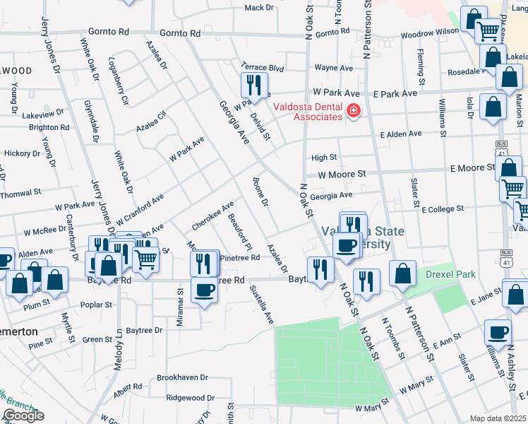 map of restaurants, bars, coffee shops, grocery stores, and more near 1612 Boone Drive in Valdosta