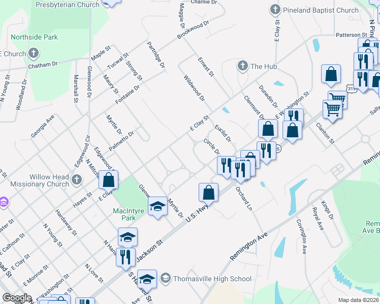 map of restaurants, bars, coffee shops, grocery stores, and more near 113 Belmont Drive in Thomasville