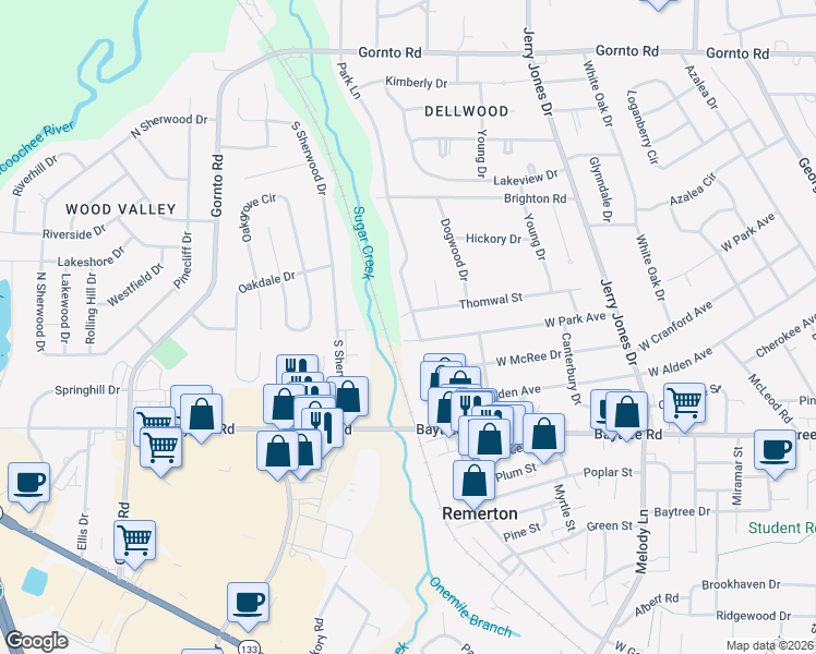 map of restaurants, bars, coffee shops, grocery stores, and more near 2102 Park Lane in Valdosta