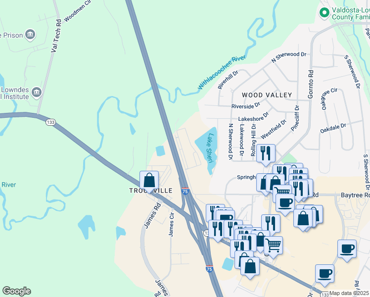 map of restaurants, bars, coffee shops, grocery stores, and more near 2148-2198 Baytree Rd in Valdosta