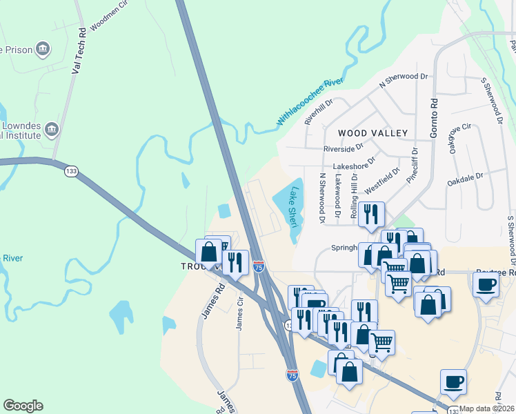 map of restaurants, bars, coffee shops, grocery stores, and more near 2148-2198 Baytree Rd in Valdosta