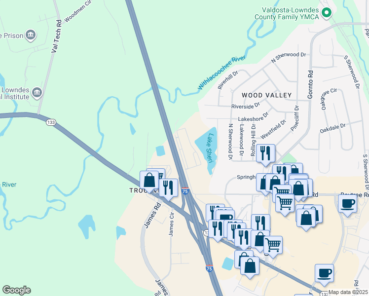 map of restaurants, bars, coffee shops, grocery stores, and more near 2201 Baytree Road in Valdosta