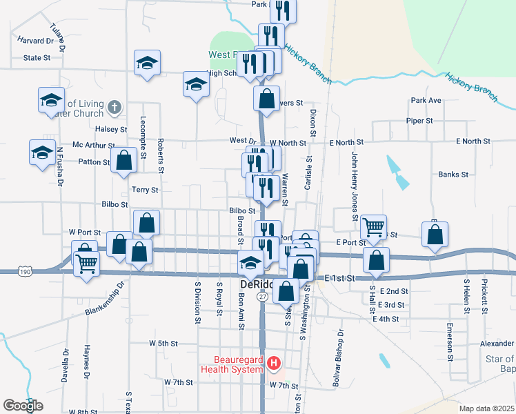 map of restaurants, bars, coffee shops, grocery stores, and more near 411 North Pine Street in DeRidder