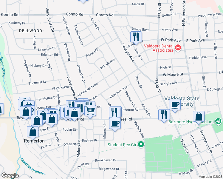 map of restaurants, bars, coffee shops, grocery stores, and more near 711 West Alden Avenue in Valdosta