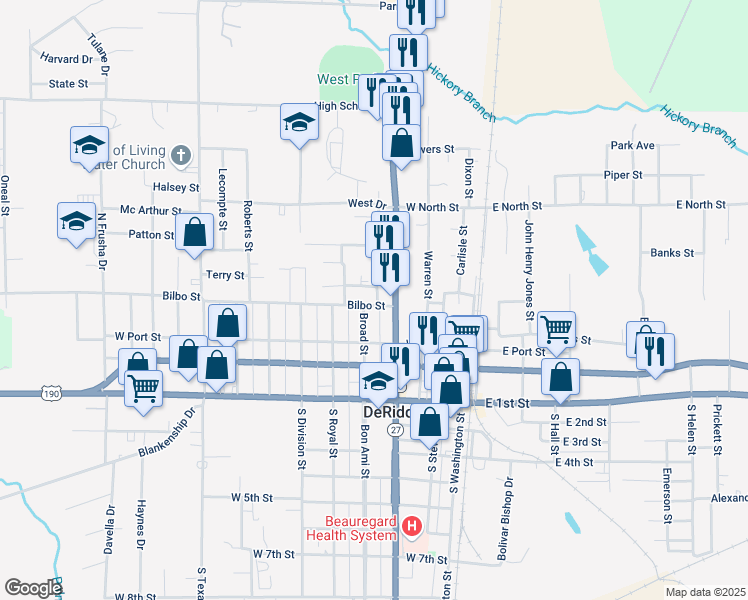 map of restaurants, bars, coffee shops, grocery stores, and more near 411 North Pine Street in DeRidder