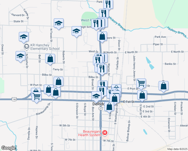 map of restaurants, bars, coffee shops, grocery stores, and more near 411 North Pine Street in DeRidder