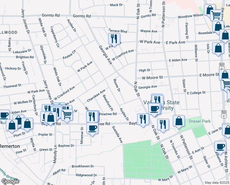 map of restaurants, bars, coffee shops, grocery stores, and more near 1612 Boone Drive in Valdosta