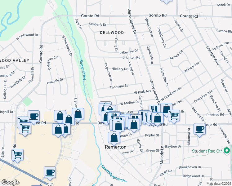 map of restaurants, bars, coffee shops, grocery stores, and more near 1220 West Park Avenue in Valdosta