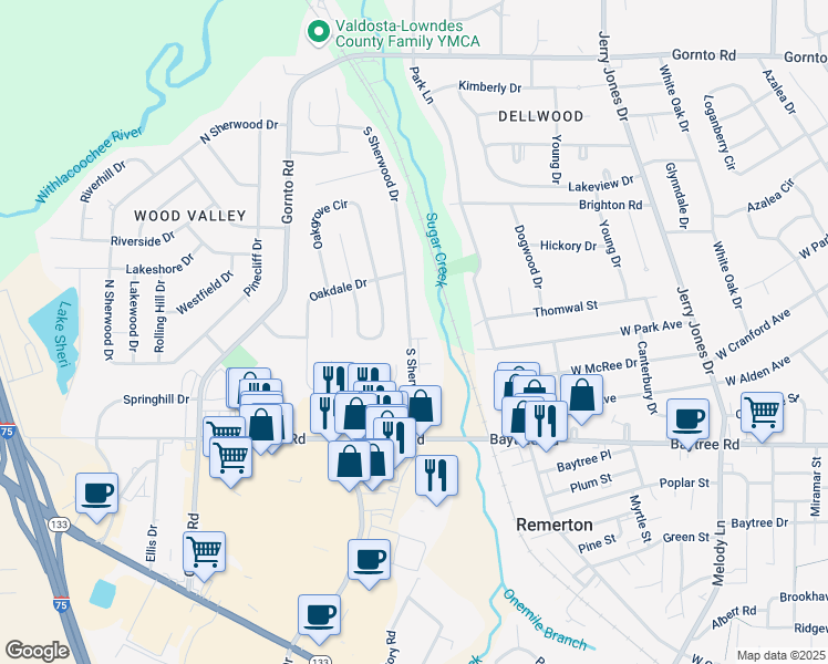 map of restaurants, bars, coffee shops, grocery stores, and more near 2 Westbrook Circle in Valdosta