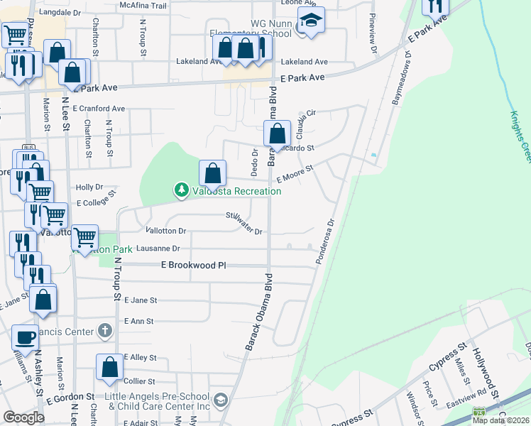 map of restaurants, bars, coffee shops, grocery stores, and more near 1508 North Forrest Street in Valdosta