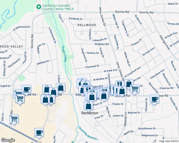 map of restaurants, bars, coffee shops, grocery stores, and more near 1300 West Park Avenue in Valdosta