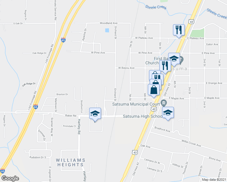 map of restaurants, bars, coffee shops, grocery stores, and more near 5491 Orchard Street in Satsuma
