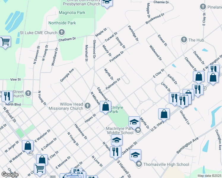 map of restaurants, bars, coffee shops, grocery stores, and more near 328 Glenwood Drive in Thomasville